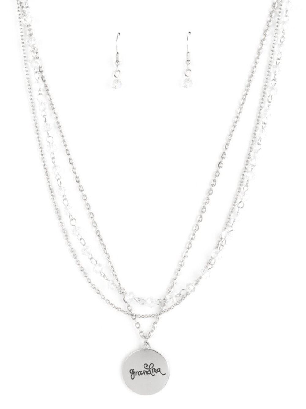 Paparazzi "Grandma" White and Silver Necklace and Earrings Set (NS279)